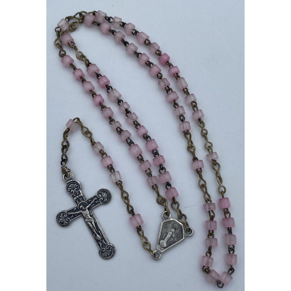 Vintage Pink Glass Petite Rosary, Virgin Mary, Italy, Christianity Religious 12”